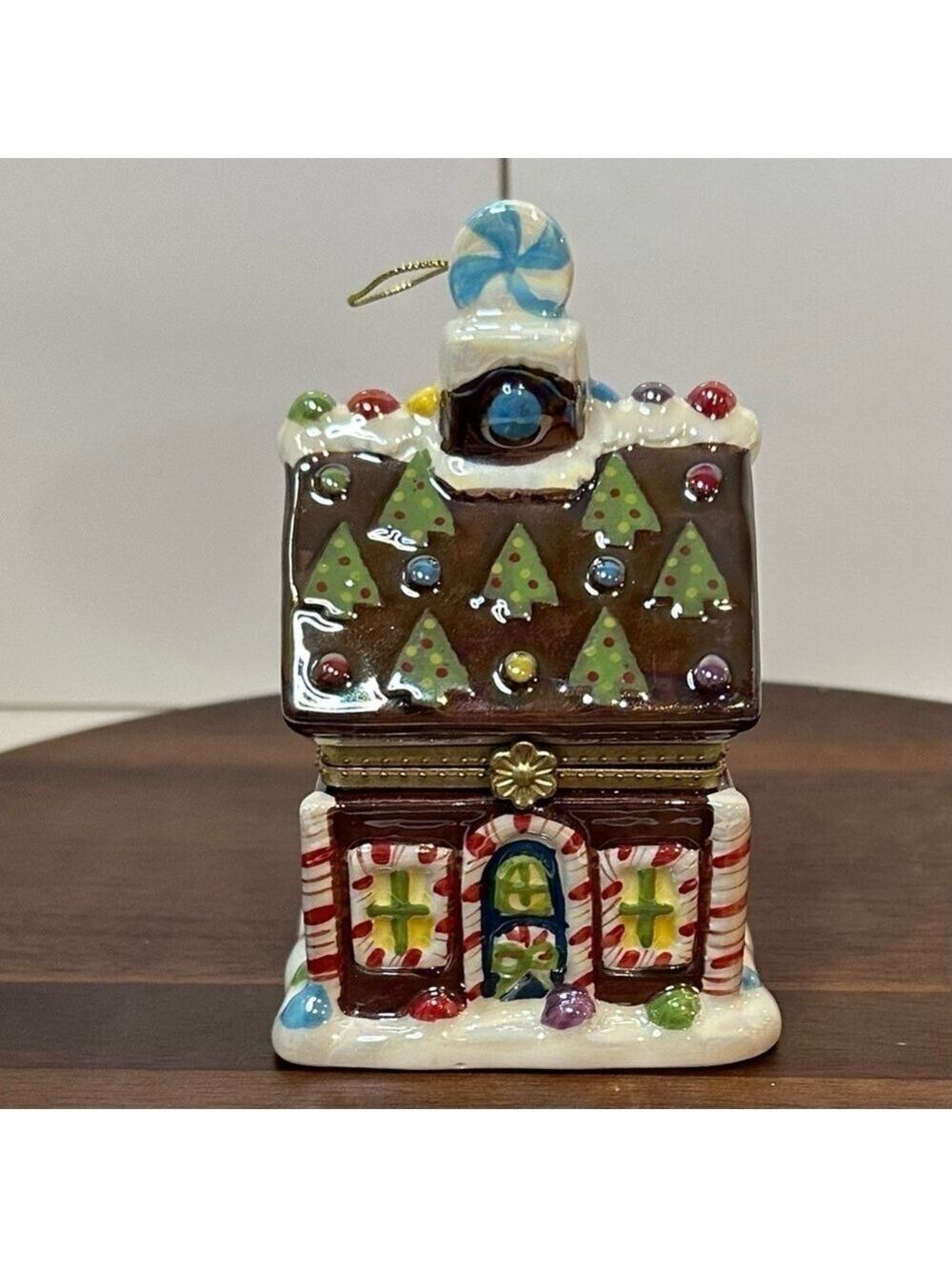 Mr. Christmas Ceramic Gingerbread House Music Box Ornament – Animated Wind-Up